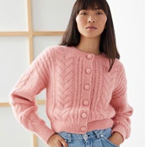 & Other Stories Cropped Cable Knit Cardigan Pink; Size XS
